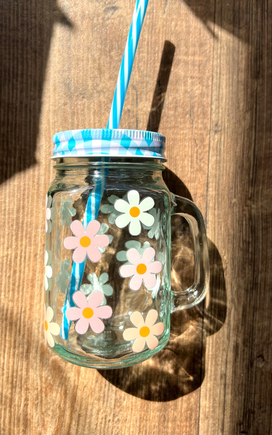 Nachhaltiges Trinkglas 450ml mit Mehrweg-Strohhalm & Bunten Blumen