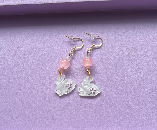 Edelstahl Ohrringe Usagi Shinju Weißer Hase Rosa Perle
