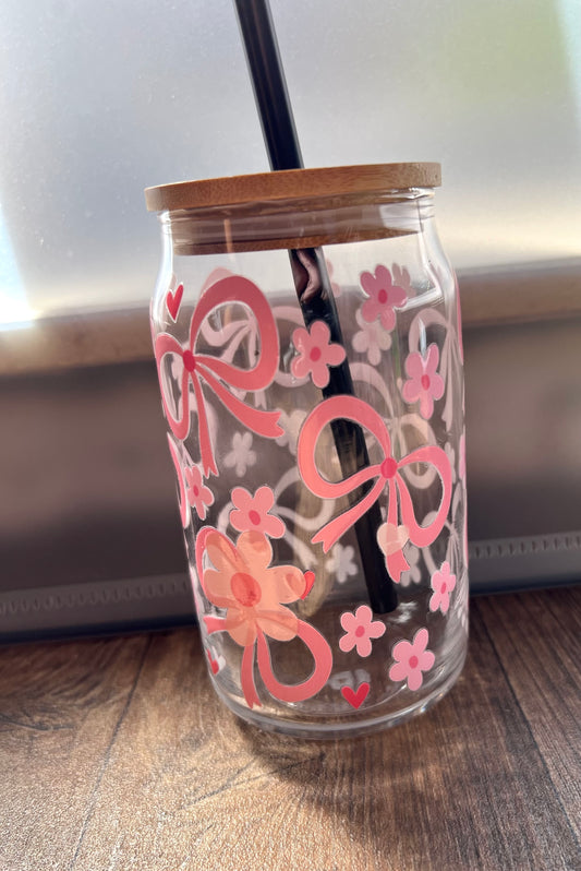 Nachhaltiges Trinkglas 500ml mit Strohhalm & Schleifen Motiv