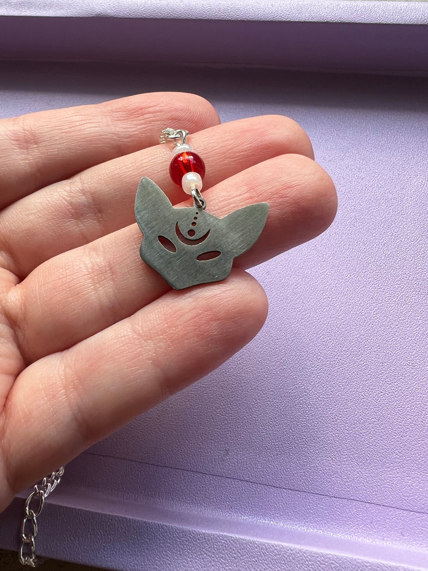 Edelstahl Kette mit Anhänger Kitsune Shinju Silber mit Perlen