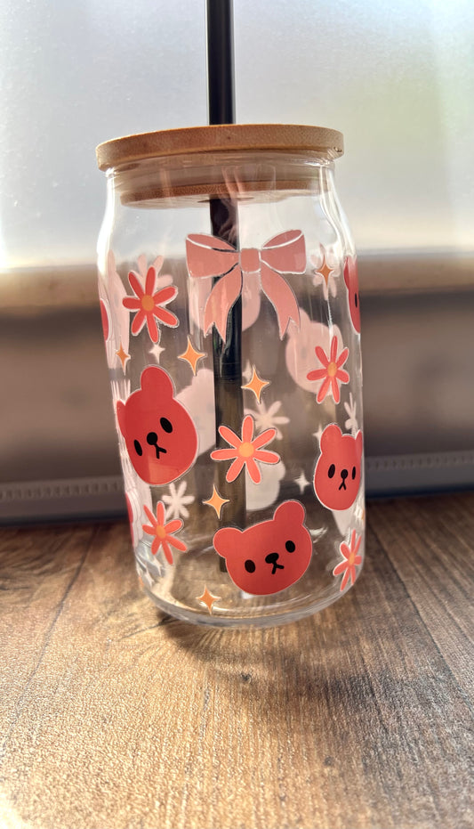 Nachhaltiges Trinkglas 500ml mit Strohhalm & Bär Motiv