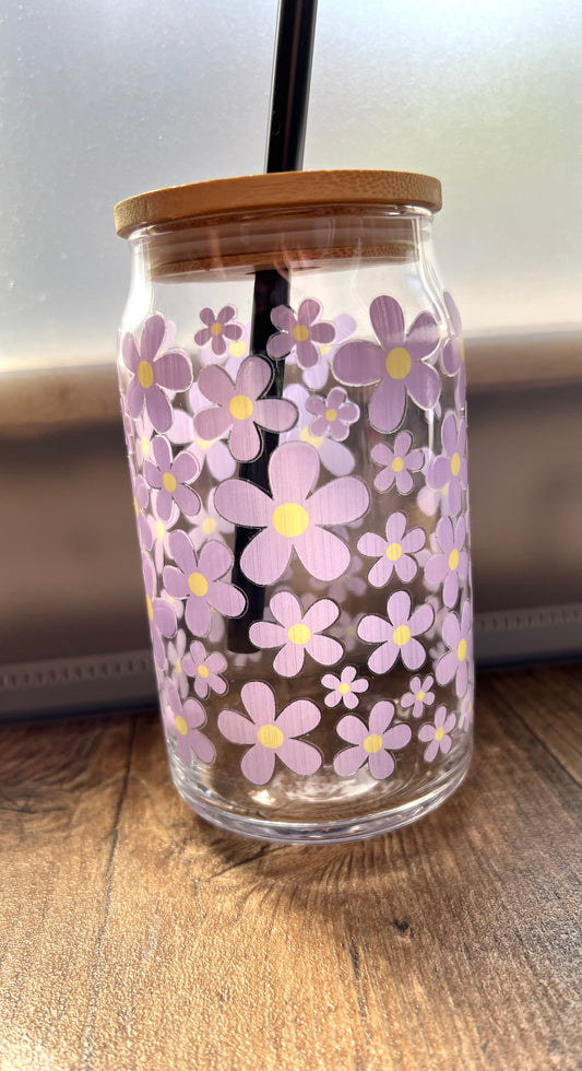 B Ware Nachhaltiges Trinkglas 500ml mit Strohhalm & Blumen Motiv