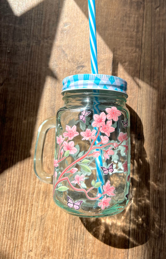 Nachhaltiges Trinkglas 450ml mit Mehrweg-Strohhalm & Kirschblüten