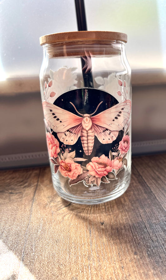 Nachhaltiges Trinkglas 500ml mit Strohhalm & Motten Motiv