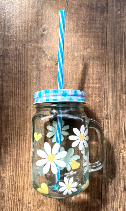 Nachhaltiges Trinkglas 450ml mit Mehrweg-Strohhalm & Blumen
