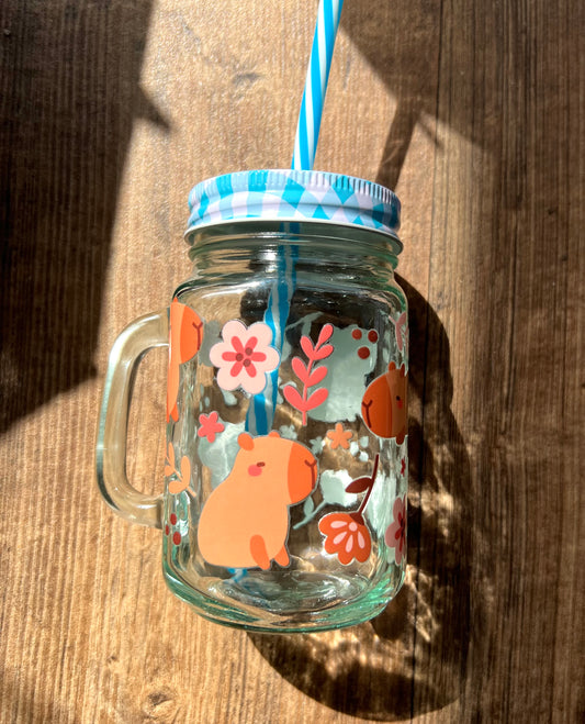Nachhaltiges Trinkglas 450ml mit Mehrweg-Strohhalm & Capybara Motiv