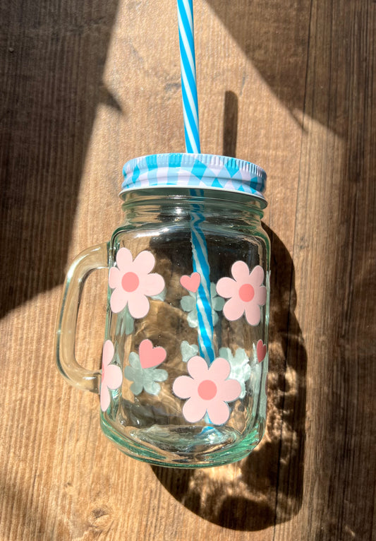 Nachhaltiges Trinkglas 450ml mit Mehrweg-Strohhalm & Rosane Blumen